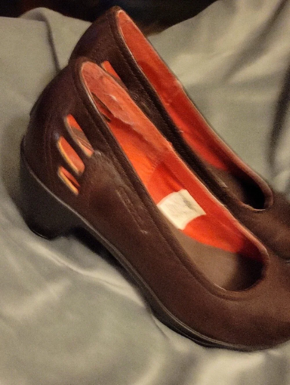 Merrell Dark Brown Leather Wedge Pumps with Red Lining